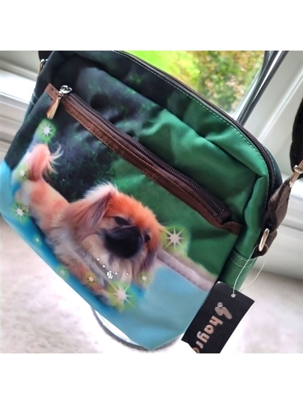 Dog Print Messager Shoulder Bag with Rhinestones